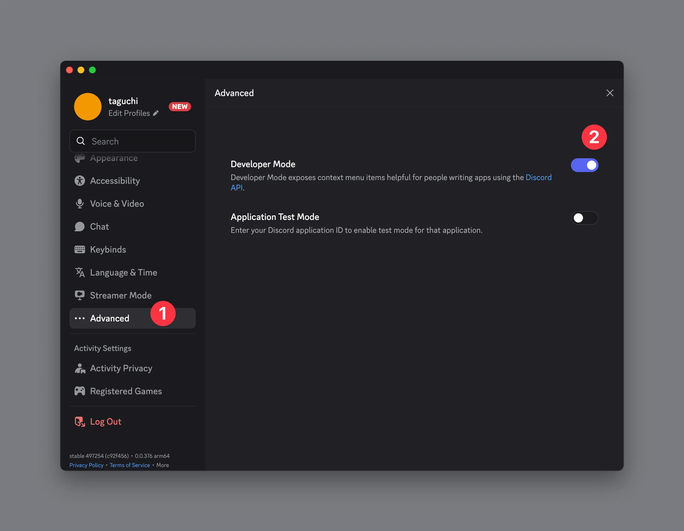 設定画面の左で「Advanced」、Developer ModeのトグルをON