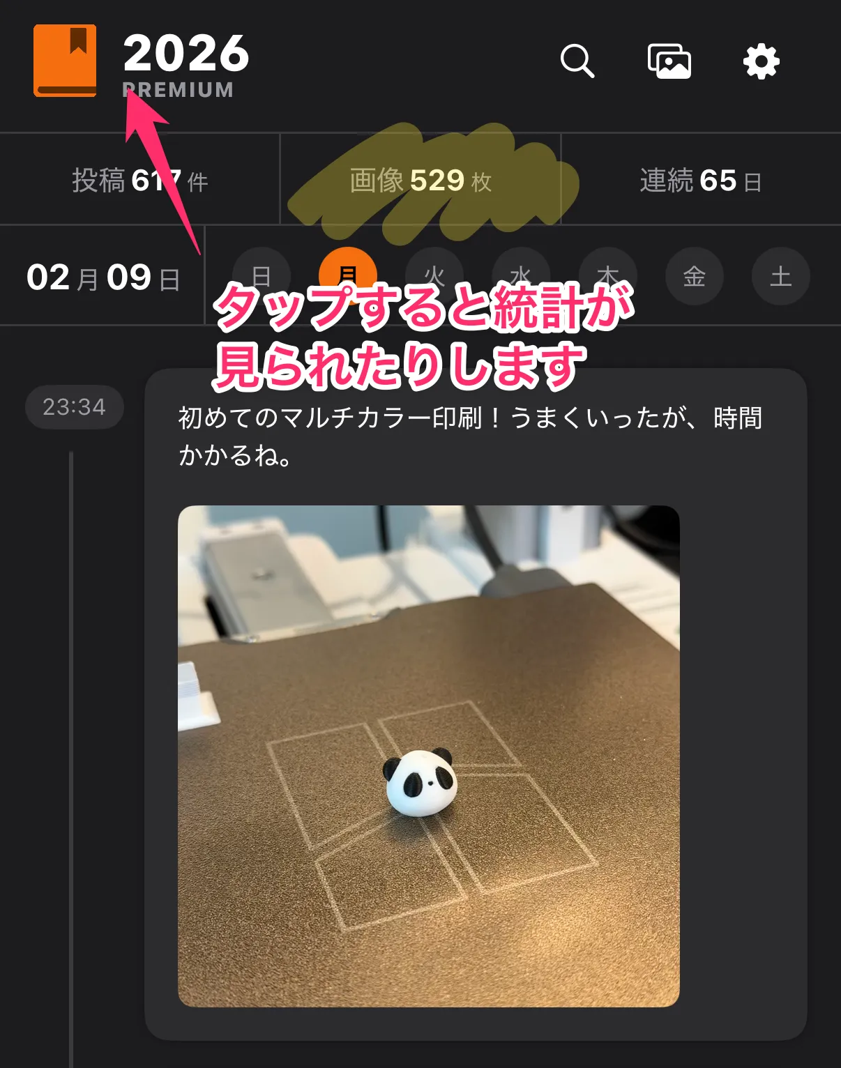 ロゴをタップすると統計がでます。500枚以上の写真を撮った!